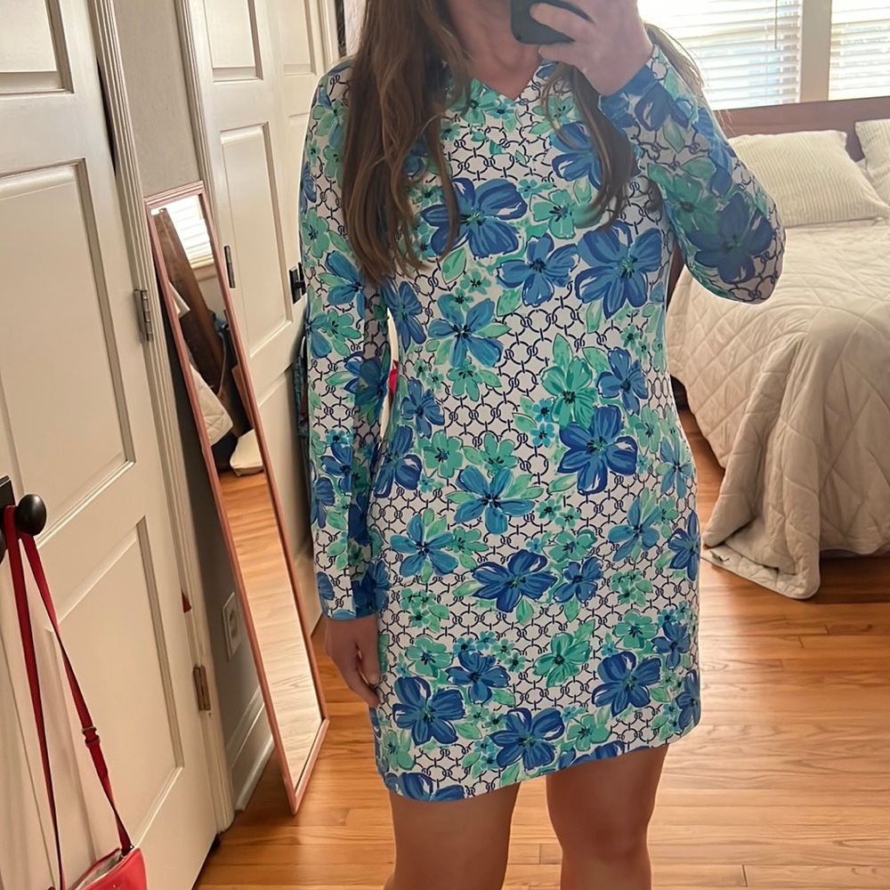IBKUL Performance Dress Womens S Blue Floral Long Sleeve V-Neck Mesh Tennis Golf